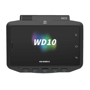 M3 Mobile WD10 wearable computer with 4" display, Android OS, Qualcomm QCS2290, 4 GB RAM, 64 GB storage, 13 MP camera, Wi-Fi, Bluetooth, NFC, and 3350mAh battery.